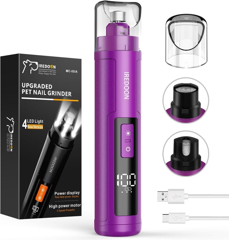 IREDOON Dog Nail Grinder Upgraded - Professional 3-Speed Super Quiet and Low Vibration Electric Pet Nail Grinder with 4 LED Lights - Painless Paws Grooming & Smoothing for Small to Large Dogs (Purple) - Image 1